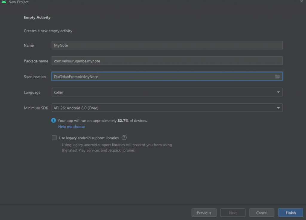 Create a new android studio project to setup gitlab